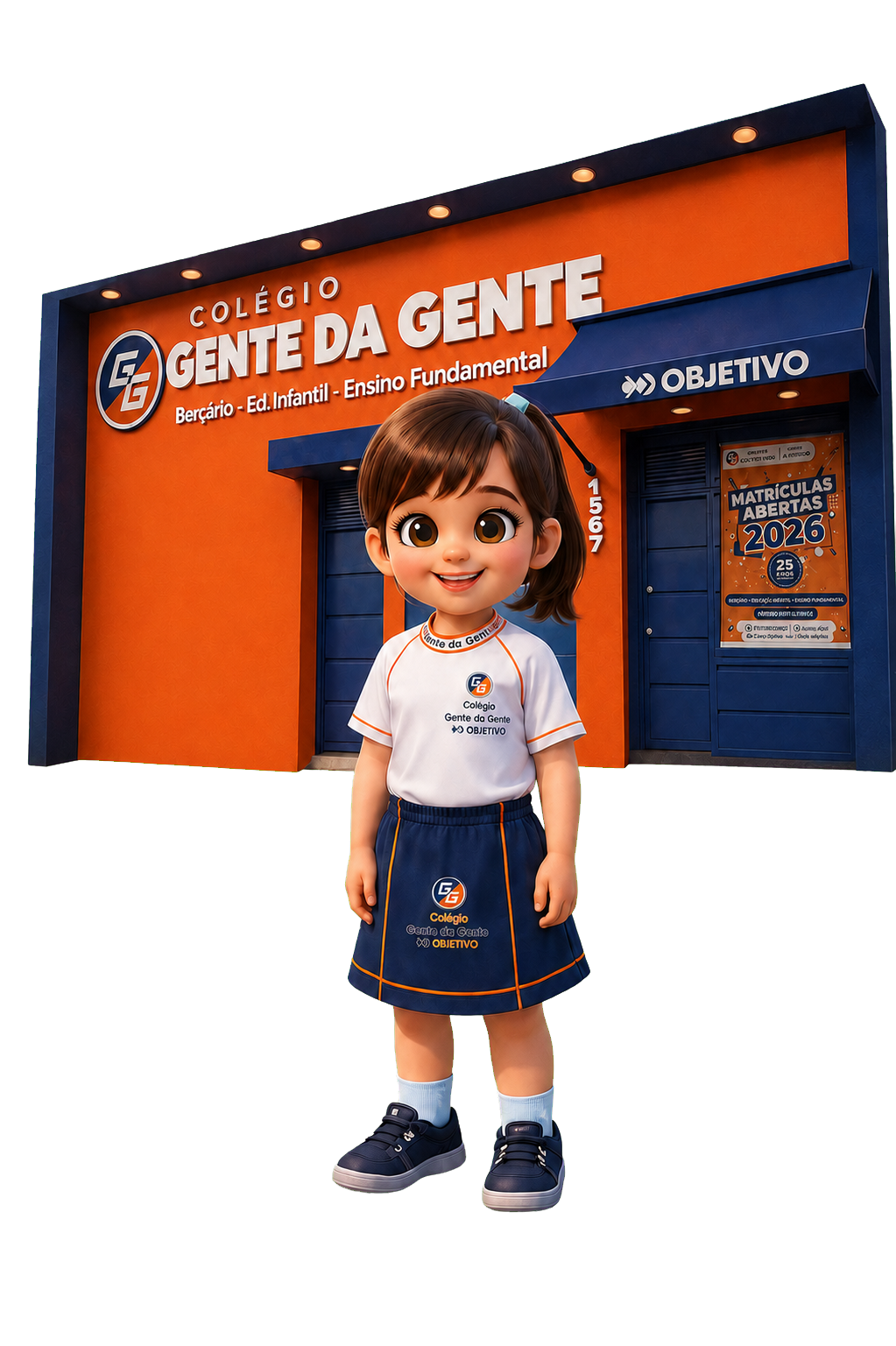 Mascote do Colégio Gente da Gente em frente à fachada