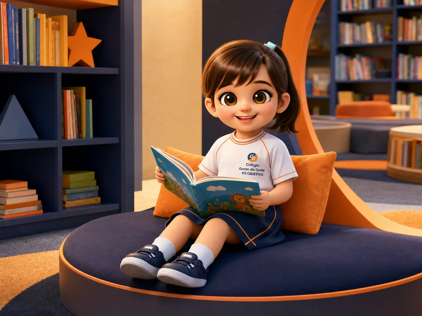 Mascote do Colégio Gente da Gente lendo um livro